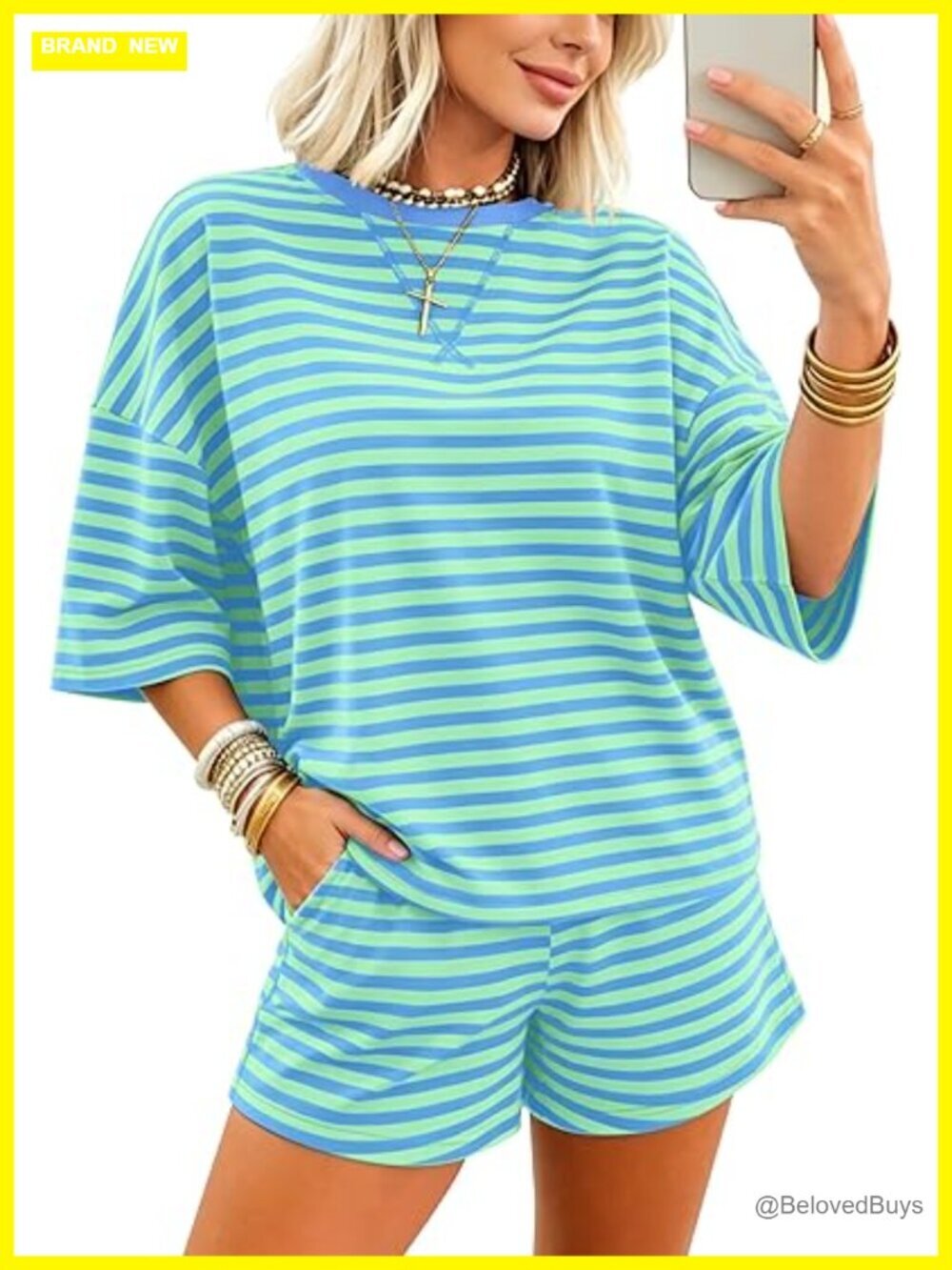 Striped Oversized Lounge Set with Shorts - 2 Piece Pajama Set